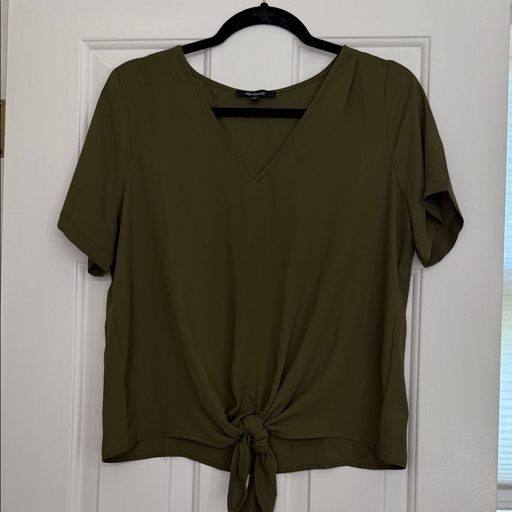 Madewell Olive Tie-Front V-Neck Short Sleeve Top